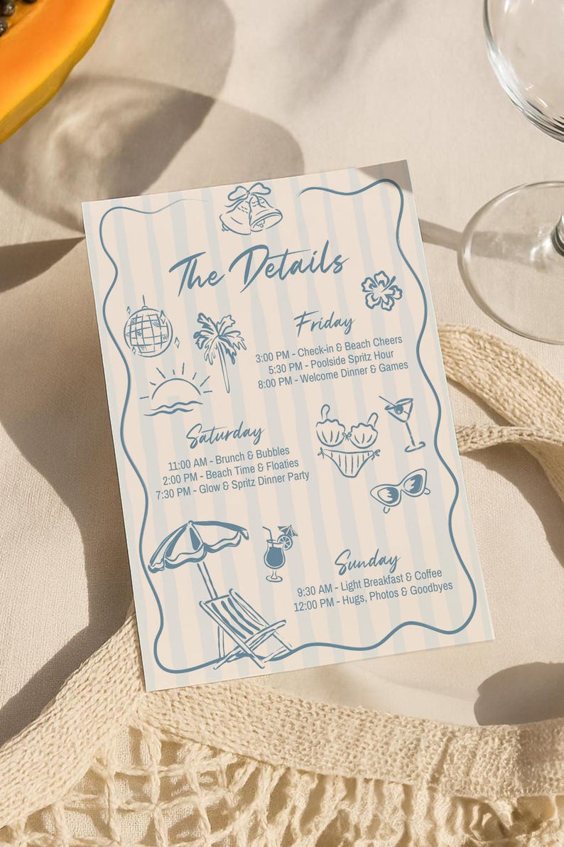 May include: A light blue and white striped event details card with illustrations of a disco ball, palm tree, and beach umbrella. The card lists the schedule for Friday, Saturday, and Sunday events.