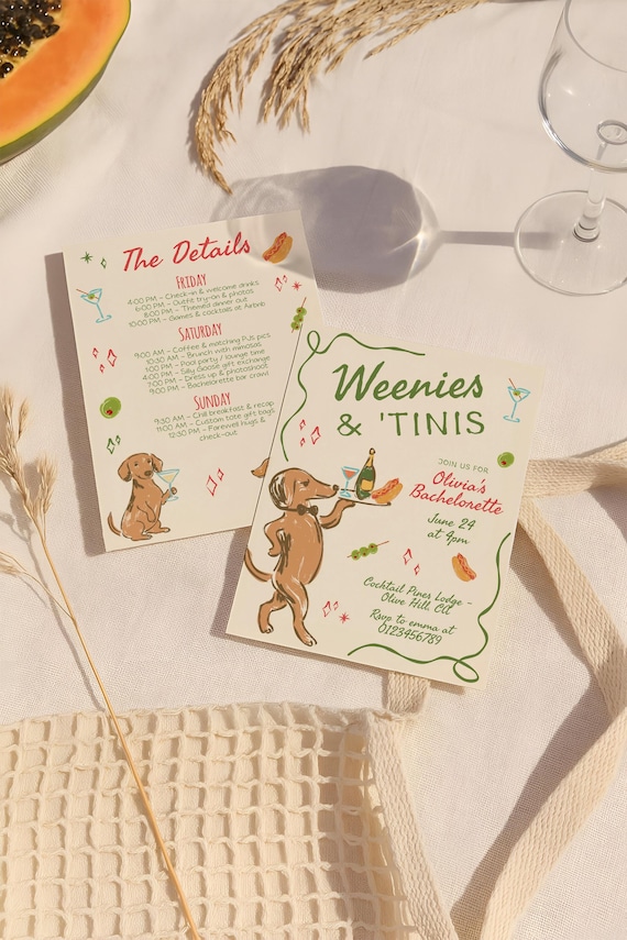 Tinis and Weenies Bachelorette Party Invitation, Dinner and Drinks, Martinis and Hot Dogs, Weenies and tinis birthday invitation