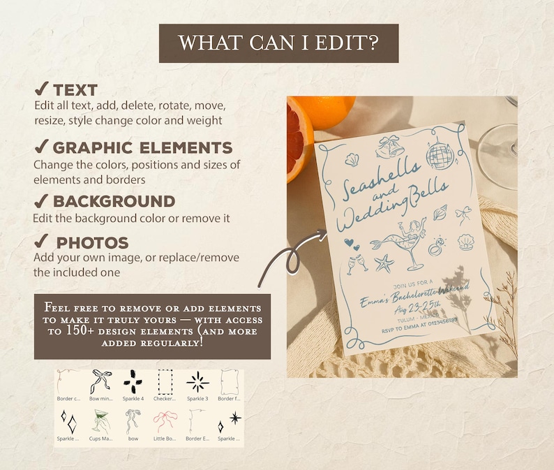 May include: A light beige invitation with blue text and illustrations, including seashells, a disco ball, and a cocktail glass. The text reads "Seashells and Wedding Bells" and details for Emma's Bachelorette Weekend.