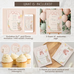 May include: A set of printable party decorations for a first birthday party with a bunny theme. The set includes a 5x7 inch invitation, a phone invitation, a welcome sign in three sizes, cupcake toppers with four designs, and a thank you card in both vertical and horizontal versions. The decorations feature a pink and white color scheme with a cute bunny illustration.