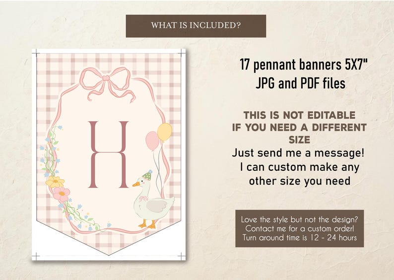 May include: A pennant banner with a pink and white plaid background, featuring a large letter "H" in a pink frame with floral and ribbon accents. Includes a cartoon goose wearing a party hat and two balloons. Text reads "17 pennant banners 5x7" JPG and PDF files."