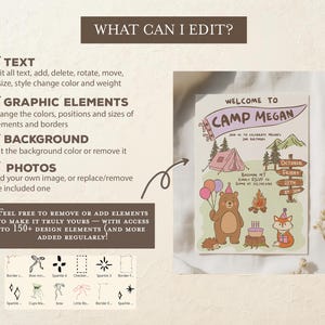 Puede incluir: Una invitaci&oacute;n personalizable con el texto "WELCOME TO CAMP MEGAN", con una ilustraci&oacute;n de un oso, un zorro, una tienda de campa&ntilde;a y una fogata. La invitaci&oacute;n permite editar texto, gr&aacute;ficos, fondo y fotos.