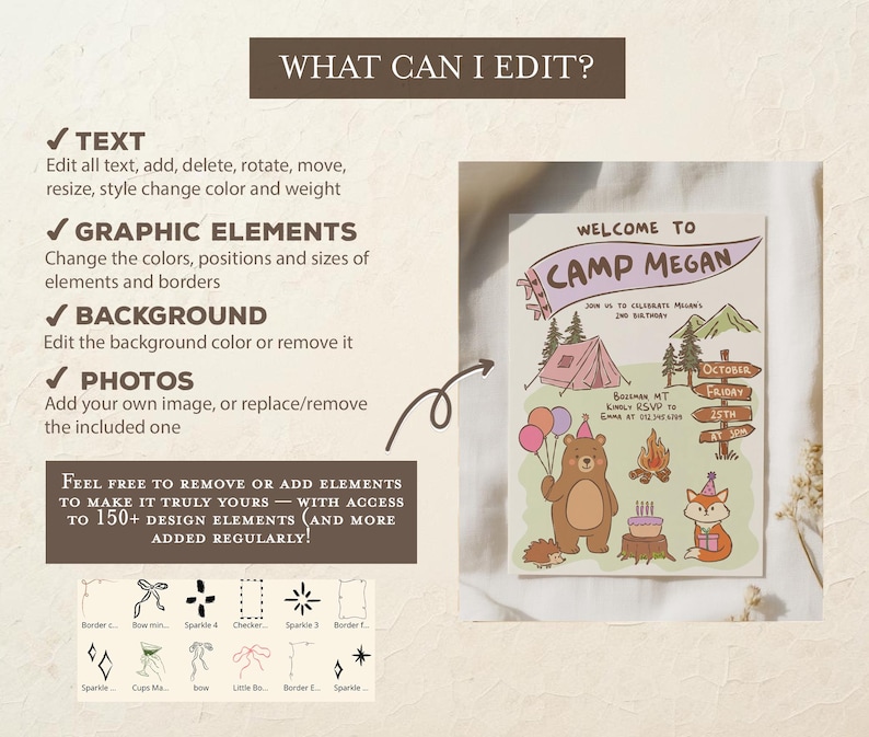 Puede incluir: Una invitaci&oacute;n personalizable con el texto "WELCOME TO CAMP MEGAN", con una ilustraci&oacute;n de un oso, un zorro, una tienda de campa&ntilde;a y una fogata. La invitaci&oacute;n permite editar texto, gr&aacute;ficos, fondo y fotos.