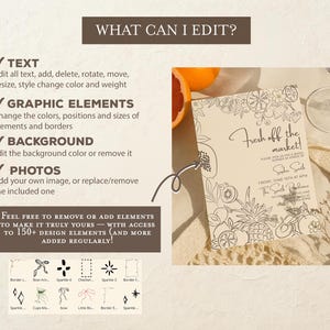 May include: A digital invitation template featuring a cream-colored card with black line-art illustrations of fruits like pineapples and berries. The text reads Fresh off the market, with details for a bridal shower. Includes editing instructions.