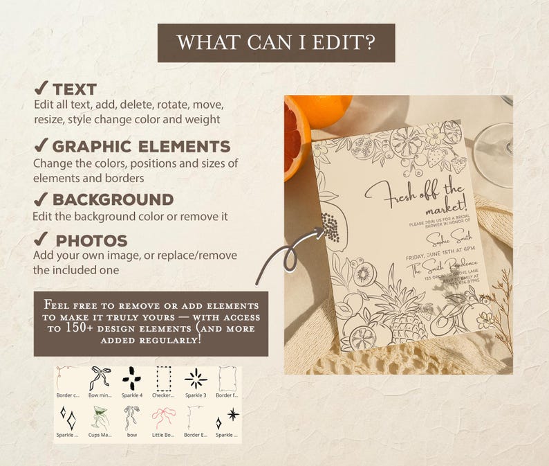 May include: A digital invitation template featuring a cream-colored card with black line-art illustrations of fruits like pineapples and berries. The text reads Fresh off the market, with details for a bridal shower. Includes editing instructions.