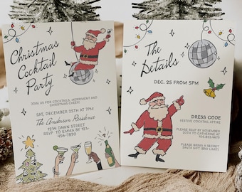 Op de afbeelding: Twee rechthoekige uitnodigingen van wit papier met zwarte tekst en kleurrijke illustraties. Eén kaart leest Christmas Cocktail Party met de Kerstman op een discobal. De andere leest The Details met een dansende Kerstman en discobal.