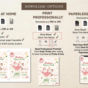 Op de afbeelding: Digitale uitnodiging voor een kerstpyjamaparty met een illustratie van de kerstman in een martiniglas. Downloadopties zijn onder meer PDF, JPG en PNG-formaten. Print thuis of professioneel. Er zijn ook papierloze RSVP-opties beschikbaar.