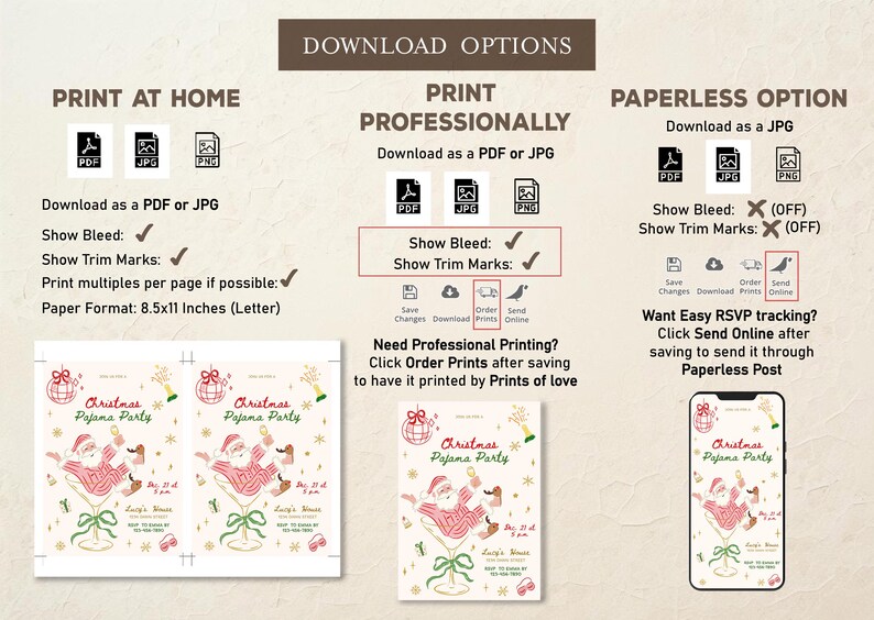 Op de afbeelding: Digitale uitnodiging voor een kerstpyjamaparty met een illustratie van de kerstman in een martiniglas. Downloadopties zijn onder meer PDF, JPG en PNG-formaten. Print thuis of professioneel. Er zijn ook papierloze RSVP-opties beschikbaar.