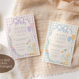 May include: Two invitations with the text "Duck Duck Goose" and the names "Luisa" and "Elijah" are displayed. The invitations have a gingham pattern and feature illustrations of ducks, balloons, and floral accents. The text "Graphics and text colors can be changed" is also present.