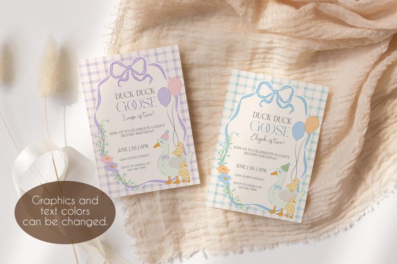 May include: Two invitations with the text "Duck Duck Goose" and the names "Luisa" and "Elijah" are displayed. The invitations have a gingham pattern and feature illustrations of ducks, balloons, and floral accents. The text "Graphics and text colors can be changed" is also present.