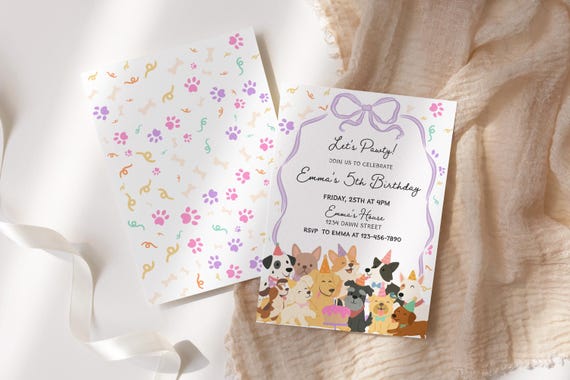 Pawty Invitation, Pink Puppy Party Invitation Template, Girl Dog Birthday Invite, Let's Pawty Invite Template Dogs Birthday Party Invitation