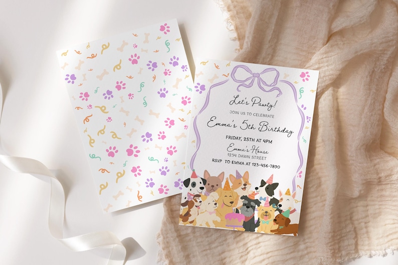 May include: A birthday party invitation with a dog theme. The invitation features the text "Let's Pawty!" and "Emma's 5th Birthday." The invitation is decorated with illustrations of various dog breeds and paw prints.