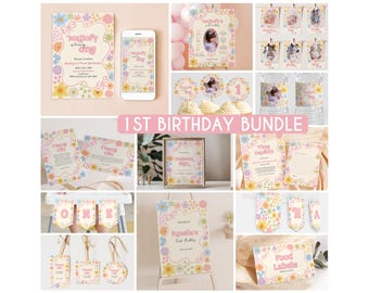 May include: A selection of pastel-coloured party supplies for a first birthday celebration. The bundle includes invitations, thank you cards, food labels, banners, and cupcake toppers, all adorned with floral designs and the text "1st Birthday Bundle".