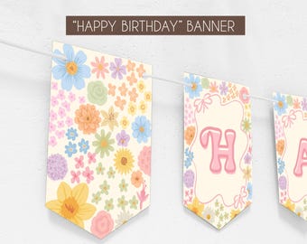 Floral Happy Birthday Banner Printable, Wildflower Birthday Pennant Banner Instant Downlad, Pink Wildflower Birthday, Floral Flag Banner