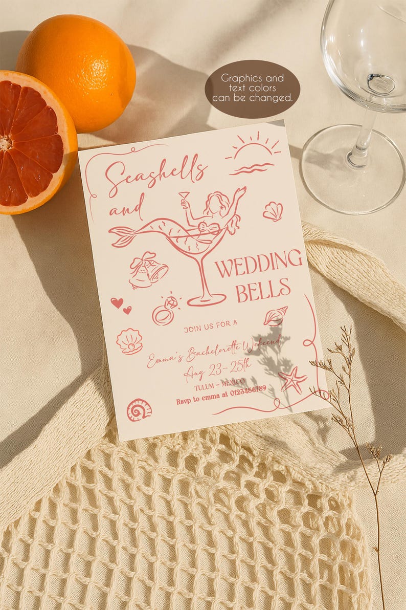 May include: A light pink invitation with the text "Seashells and Wedding Bells" and a mermaid illustration in a cocktail glass. The invitation includes details for a bachelorette weekend in Tulum, Mexico.