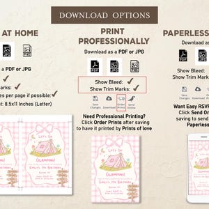 May include: Pink and white invitation design with a camping theme, featuring a tent illustration and the text "Let's Go Glamping!" Download options include PDF and JPG formats, with options for print at home, professional printing, and paperless options.