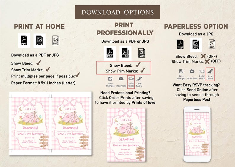 May include: Pink and white invitation design with a camping theme, featuring a tent illustration and the text "Let's Go Glamping!" Download options include PDF and JPG formats, with options for print at home, professional printing, and paperless options.