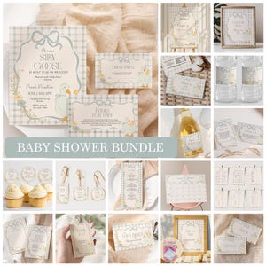 Silly Goose Baby Shower Invitation Bundle, Daisy Geese Baby Shower Invite, Blue Gingham, Goose Baby Shower Decorations Printable, Baby Boy