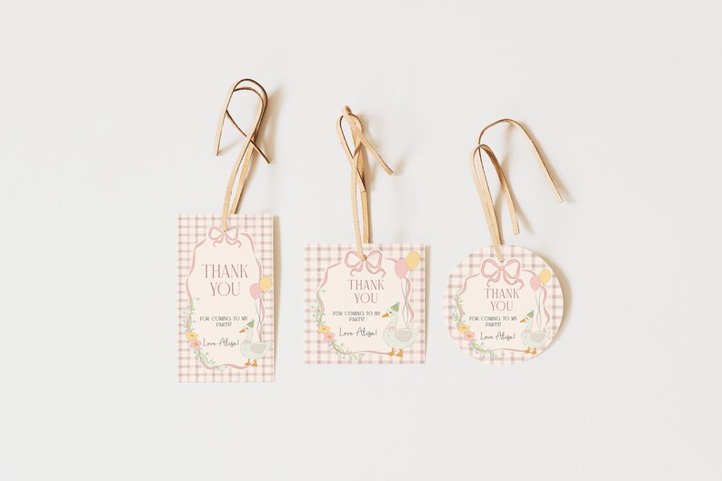 May include: Three pink and white thank you tags with a gingham pattern and a cute illustration of a duck with balloons. The text on the tags reads "Thank You for coming to my party Love [Name]"