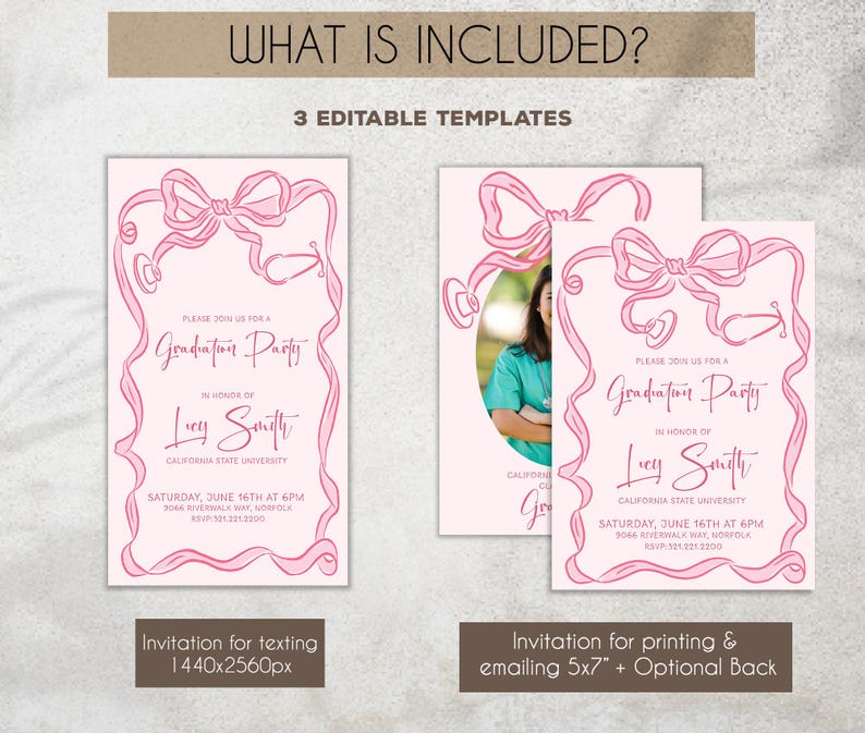 May include: Three pink and white printable graduation party invitation templates. The templates feature a pink ribbon design and the text "Please join us for a Graduation Party".