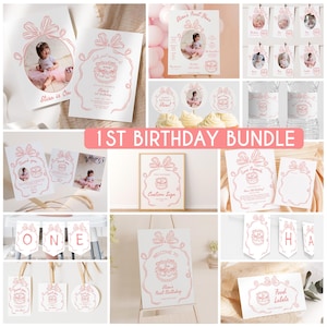 Girls Just Wanna Be One Invite Bundle, Pink Bow Birthday Decor Package, Pink Coquette Bow Invitation Party Set, Vintage Cake Template B6
