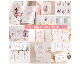 Girls Just Wanna Be One Invite Bundle, Pink Bow Birthday Decor Package, Pink Coquette Bow Invitation Party Set, Vintage Cake Template B6