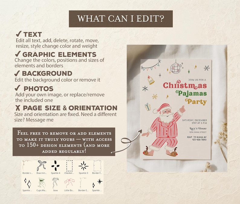 Op de afbeelding: Een uitnodiging voor een kerstpyjamaparty met een illustratie van de kerstman in roze pyjama's. De uitnodiging bevat de tekst "Join us for a Christmas Pajamas Party" en evenementdetails. Het ontwerp maakt tekst- en grafische bewerkingen mogelijk.