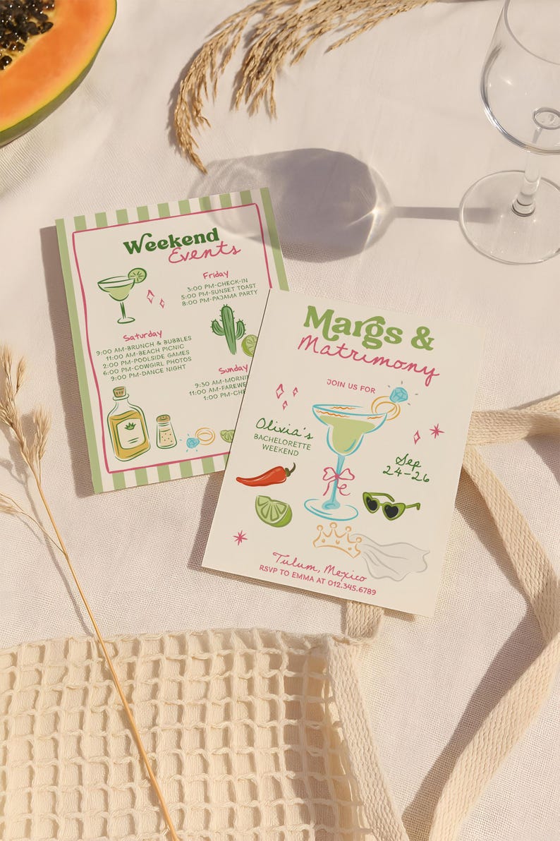 May include: Two invitation cards with a tropical theme. One card says "Weekend Events" with a schedule. The other says "Margs & Matrimony" with a margarita illustration and the text "Olivia's Bachelorette Weekend".