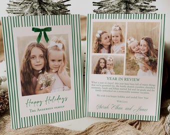 Holiday Photo Card Template | Christmas Bow Stripe Family Photo Card | Editable Happy Holidays Template | Instant Download