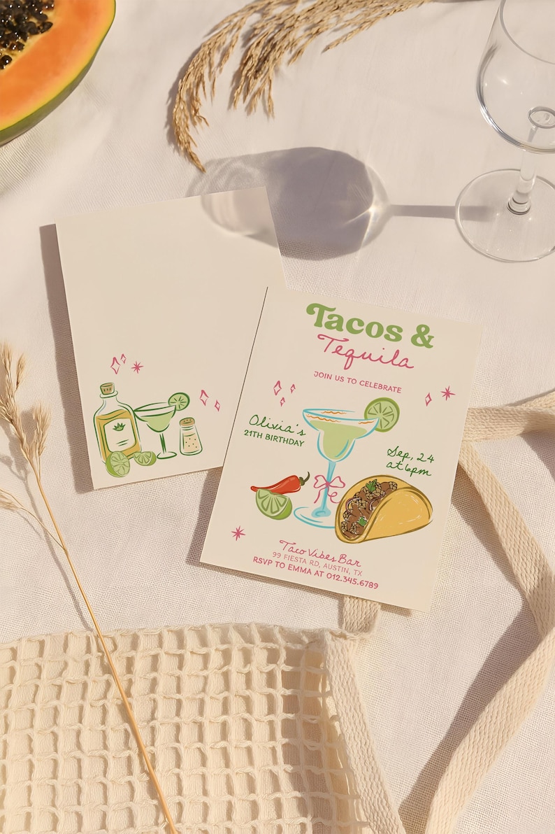 May include: Two invitation cards with illustrations of cocktails, tacos, and limes. The cards read "Tacos & Tequila" and invite guests to celebrate Olivia's 21st birthday on September 24th at 4pm at Taco Vibes Bar.