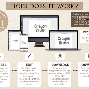 May include: Digital design template displayed on various devices: a desktop computer, laptop, tablet, and smartphone. The text "Crayon Brush" is visible on each screen. Instructions on how to purchase, edit, and download the template are also included.