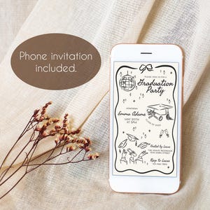 May include: A black and white digital phone invitation for a graduation party. The invitation features a disco ball, a graduation cap, and the text "Please join us for a Graduation Party".