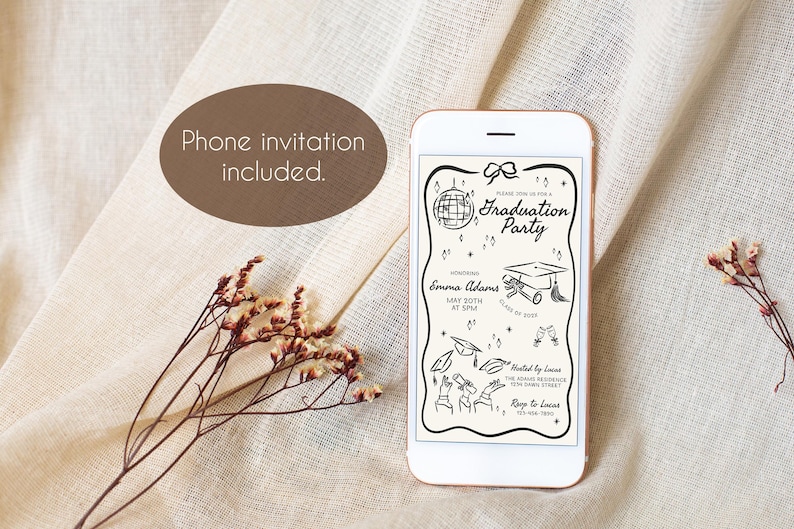 May include: A black and white digital phone invitation for a graduation party. The invitation features a disco ball, a graduation cap, and the text "Please join us for a Graduation Party".