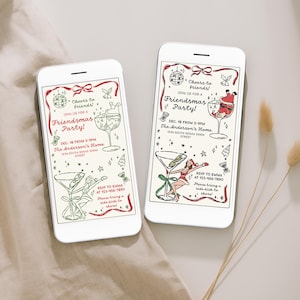 May include: Two white smartphones displaying a festive invitation for a "Friendsmas Party!" The design features cocktail glasses, a Santa Claus figure, and the text "Cheers to friends!" in red and green. The invitation includes event details.