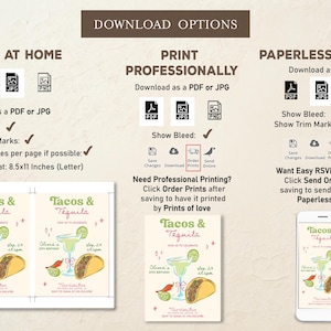 May include: An invitation design with "Tacos & Tequila" text, margarita and taco illustrations, and download options. Includes print at home, professional print, and paperless options. The invitation is for a birthday.
