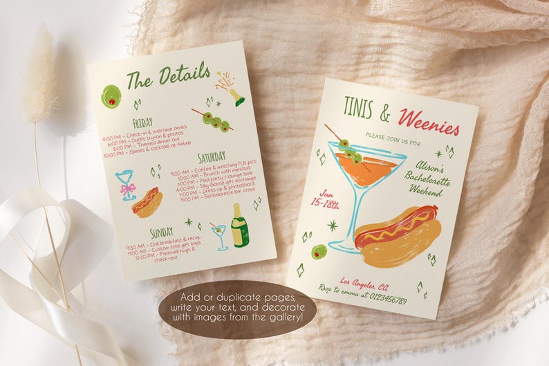 May include: Two invitation cards with illustrations of cocktails, olives, and hot dogs. One card reads "The Details" with a schedule. The other card says "Tinis & Weenies" and "Alison's Bachelorette Weekend".