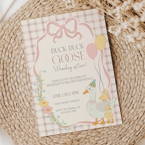 May include: A pastel-colored invitation with the text "DUCK DUCK GOOSE Wrenley is two!" features a cartoon duck with party hat and two ducklings. Pink and yellow balloons and a floral border decorate the invitation. The invitation is on a checkered background.