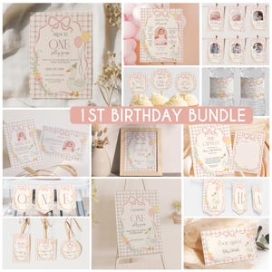 May include: A printable 1st birthday party bundle with a pink and white gingham pattern. The bundle includes a variety of items, such as invitations, banners, cupcake toppers, water bottle labels, and food labels. The theme is "One is Silly Goose" with a cute cartoon goose illustration.