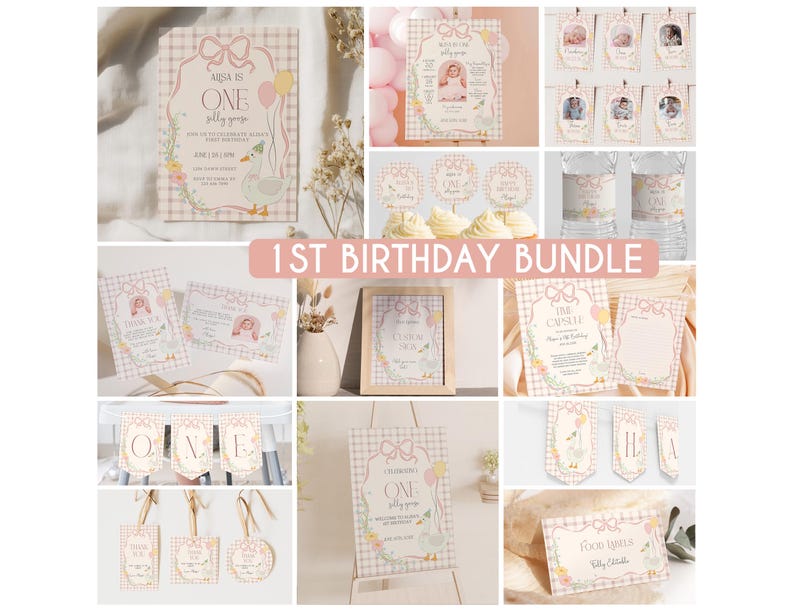 May include: A printable 1st birthday party bundle with a pink and white gingham pattern. The bundle includes a variety of items, such as invitations, banners, cupcake toppers, water bottle labels, and food labels. The theme is "One is Silly Goose" with a cute cartoon goose illustration.