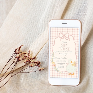 Op de afbeelding: Een roze en witte gingham baby shower uitnodiging met een cartoon gans en de tekst "A new Silly Goose is about to hatch on [date] at [time]" en "Olivia Paxton".