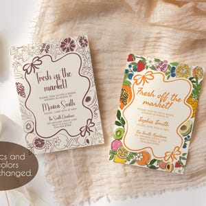 May include: Two printable bridal shower invitations with a fruit theme. The invitations are cream colored with a brown and orange border. The text on the invitations reads "Fresh off the market!" and includes the bride's name, date, and time of the event. The text "Graphics and text colors can be changed." is written below the invitations.