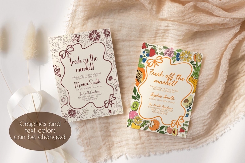 May include: Two printable bridal shower invitations with a fruit theme. The invitations are cream colored with a brown and orange border. The text on the invitations reads "Fresh off the market!" and includes the bride's name, date, and time of the event. The text "Graphics and text colors can be changed." is written below the invitations.