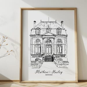 Puede incluir: Ilustraci&oacute;n arquitect&oacute;nica en blanco y negro enmarcada de un edificio se&ntilde;orial. La obra de arte presenta detalles intrincados de la fachada, incluyendo ventanas, un techo detallado y una gran entrada. Los nombres "Mathew & Hailey" y la fecha "05/09/2020" est&aacute;n escritos debajo.