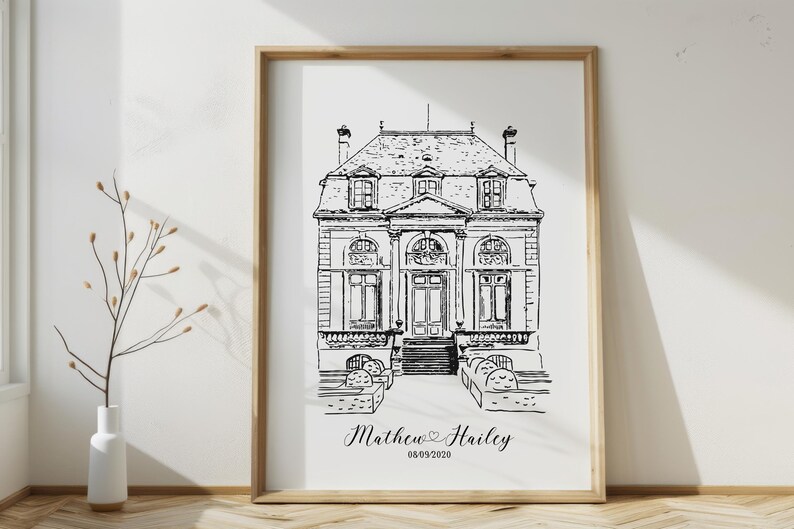 Puede incluir: Ilustraci&oacute;n arquitect&oacute;nica en blanco y negro enmarcada de un edificio se&ntilde;orial. La obra de arte presenta detalles intrincados de la fachada, incluyendo ventanas, un techo detallado y una gran entrada. Los nombres "Mathew & Hailey" y la fecha "05/09/2020" est&aacute;n escritos debajo.