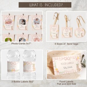 May include: Printable set of digital files for a baby shower or birthday party. Includes 5x7 inch photo cards, 8x2 inch bottle labels, and four sizes of favor tags. The design features a pink and white gingham pattern with a bunny rabbit illustration. The text "What is included?" is at the top of the image.