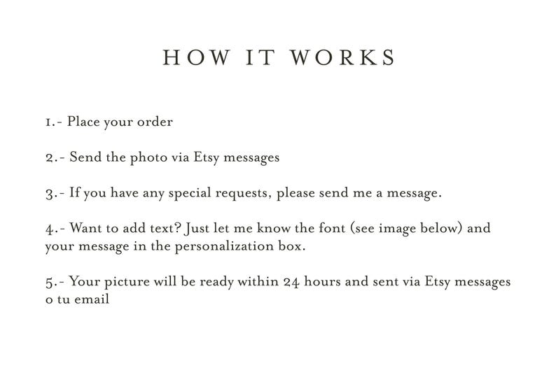 Puede incluir: Fondo blanco con el texto "HOW IT WORKS" en la parte superior. Debajo, pasos numerados explican el proceso: realizar un pedido, enviar una foto a trav&eacute;s de mensajes de Etsy, solicitudes especiales, agregar texto y entrega de la imagen en 24 horas por mensajes de Etsy o correo electr&oacute;nico.