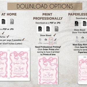 May include: Printable invitation template for a graduation party. The design features a pink bow and the text "Graduation Party" and "Lucy Smith". The template is available in PDF and JPG formats for printing at home or professionally. A paperless option is also available as a JPG.