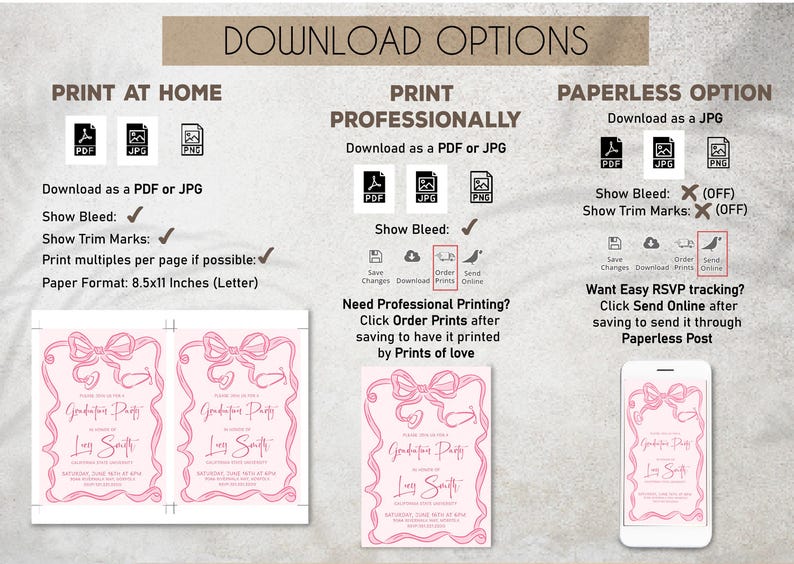 May include: Printable invitation template for a graduation party. The design features a pink bow and the text "Graduation Party" and "Lucy Smith". The template is available in PDF and JPG formats for printing at home or professionally. A paperless option is also available as a JPG.