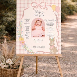 Some Bunny is One 1st Birthday Milestone Sign, Editable Bunny First Birthday Poster, Girl One Year Party Board Printable image 3