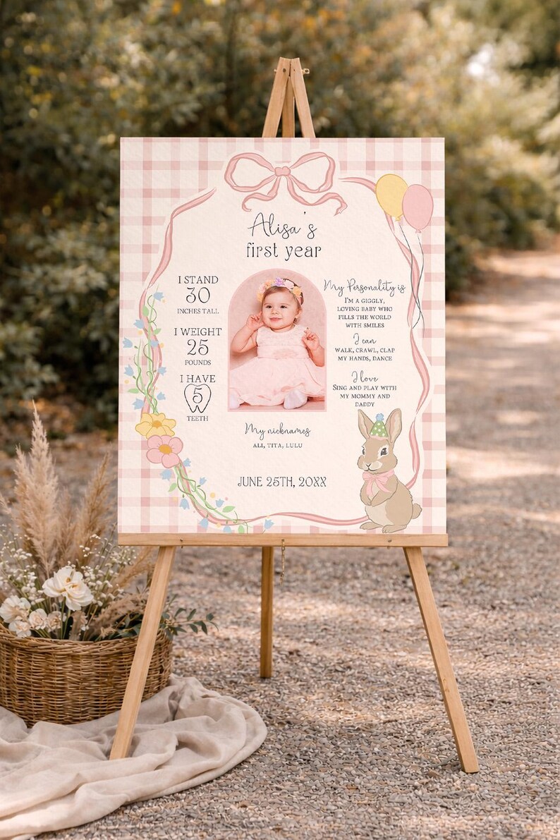 Some Bunny is One 1st Birthday Milestone Sign, Editable Bunny First Birthday Poster, Girl One Year Party Board Printable image 3